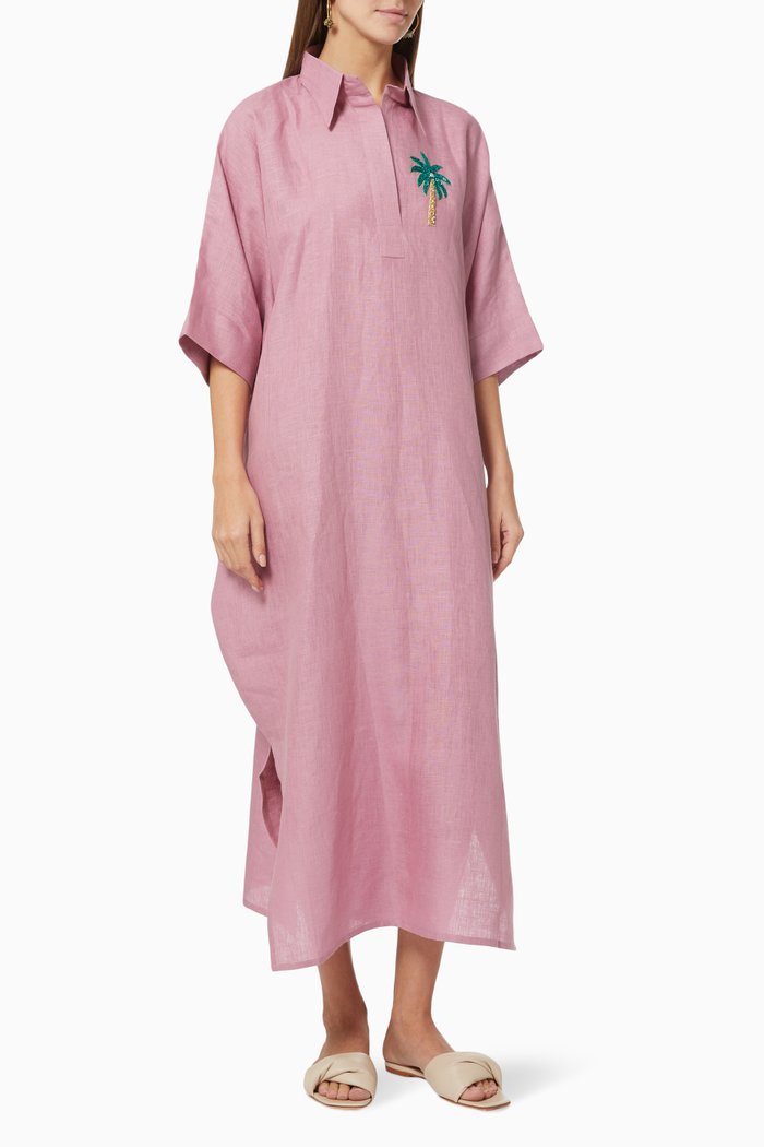 

Palm Tree Embroidered Dress in Linen, Pink