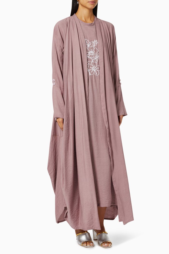 Floral Embroidered Abaya Set, Pink