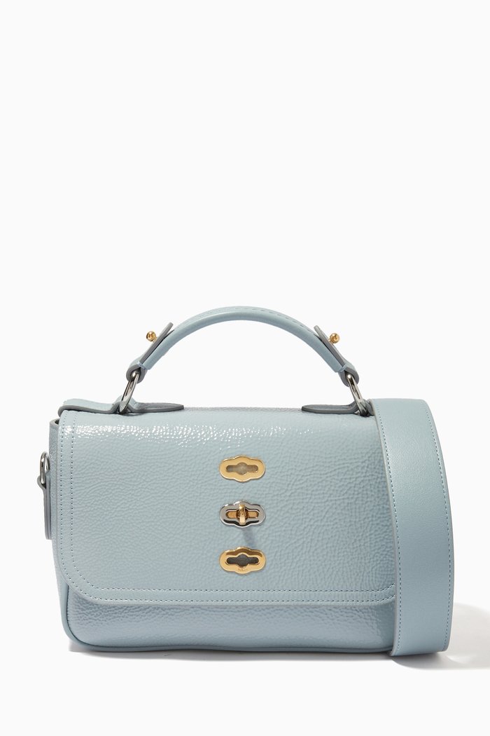 

Small Bryn Satchel Bag in Spongy Patent Leather, Blue