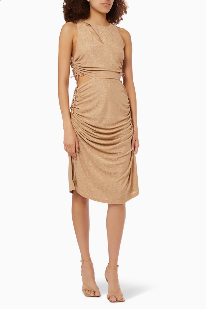

Liz Ruched Midi Dress in Stretch Acetate, Gold