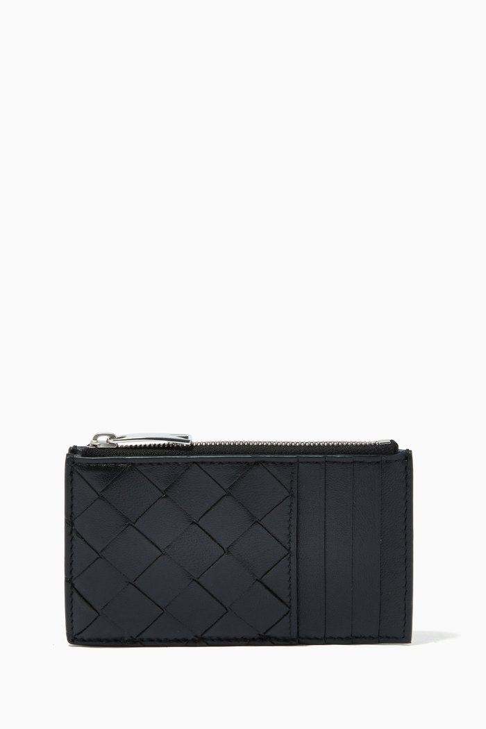 

Zipped Card Case with Coin Purse in Intrecciato Nappa, Black