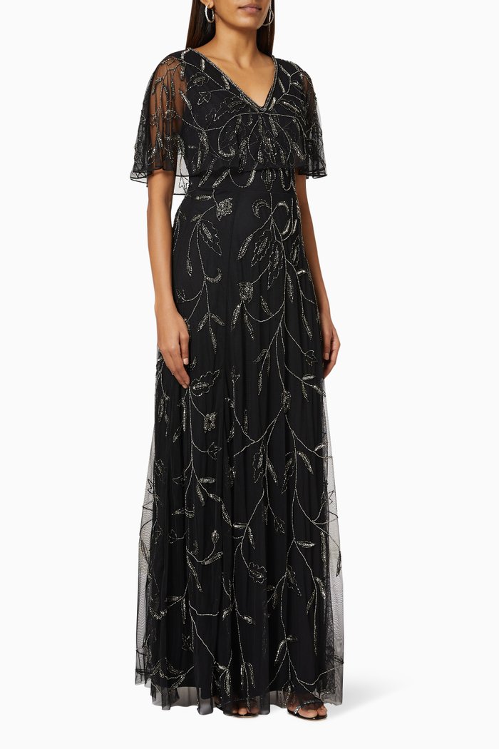 

Gemini Embellished Cape Dress in Tulle, Black