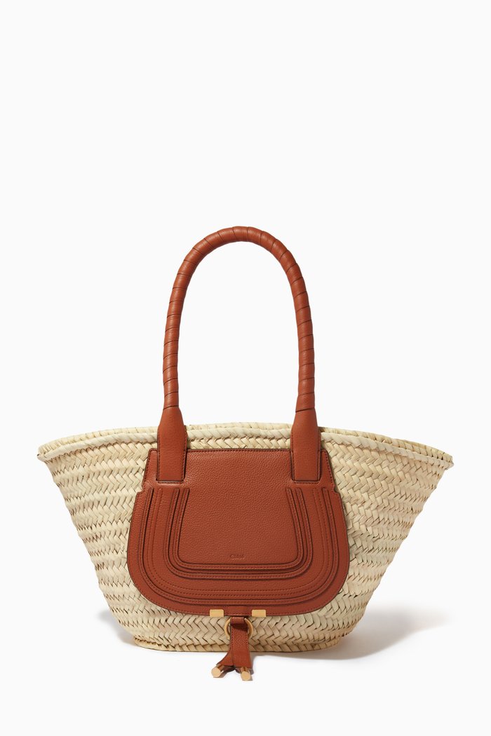 

Medium Marcie Basket Bag in Raffia & Grained Calfskin, Brown