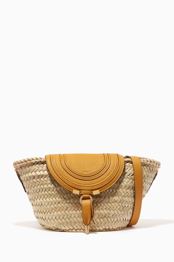 

Small Marcie Basket Bag in Raffia & Grained Calfskin, Yellow