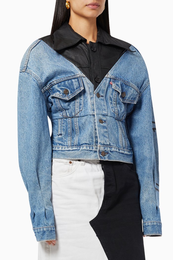 

Cropped Jacket in Mixed Cotton Denim & Leather, Blue