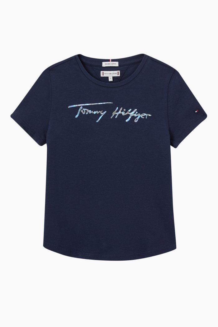 Metallic Signature Logo T-Shirt in Organic Cotton, Blue