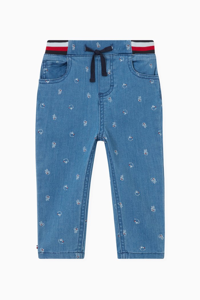 

Smiley Print Pants in Stretch Denim Blend, Blue