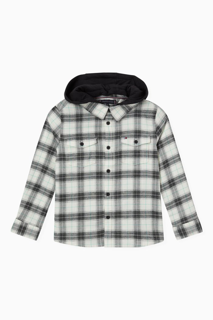 Checkered Hooded Shirt in Organic Cotton, Multicolour