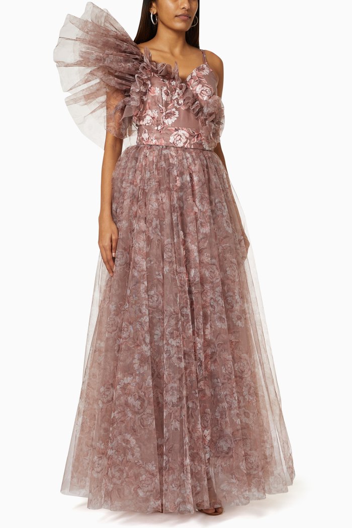One Sleeve Dress in Floral Organza, Pink