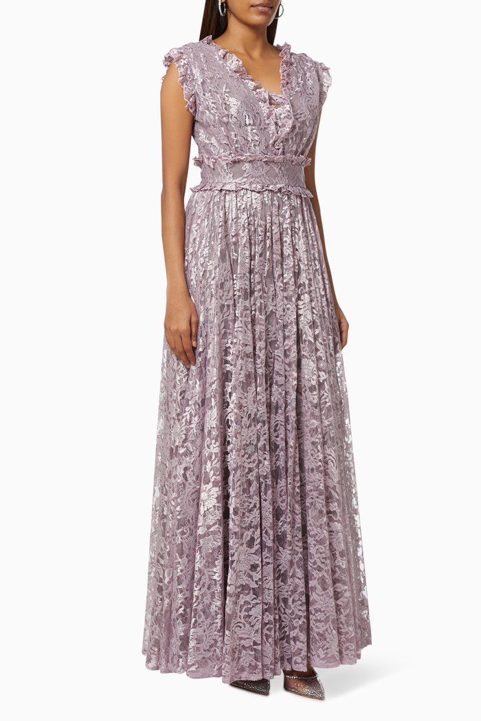 Ruffle Belted Dress in Lace, Brown