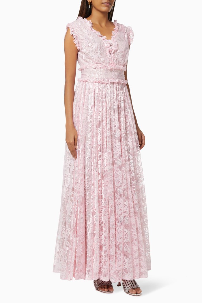 Ruffle Belted Dress in Lace, Pink