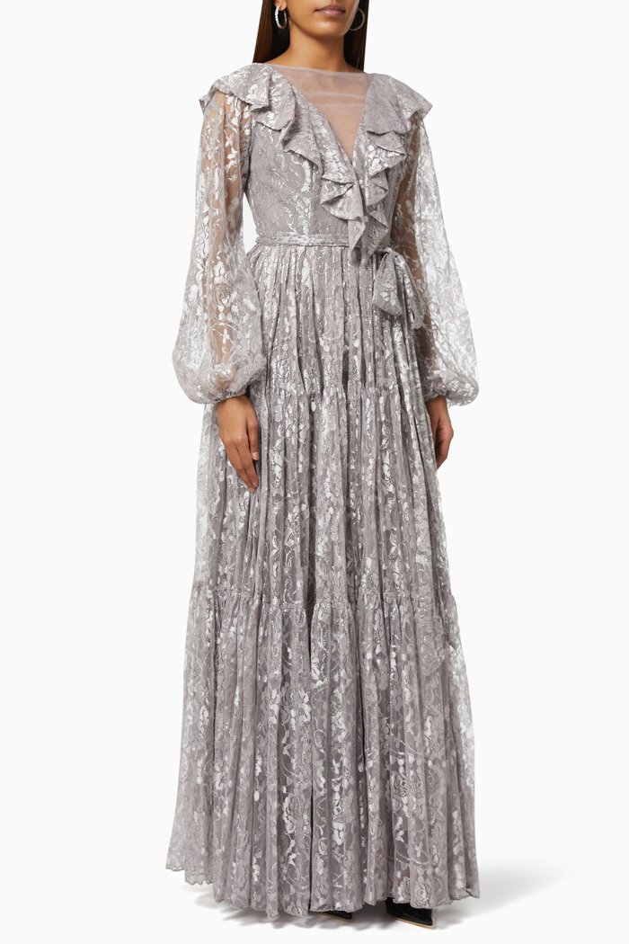 

Ruffle Tiered Dress in Lace, Grey