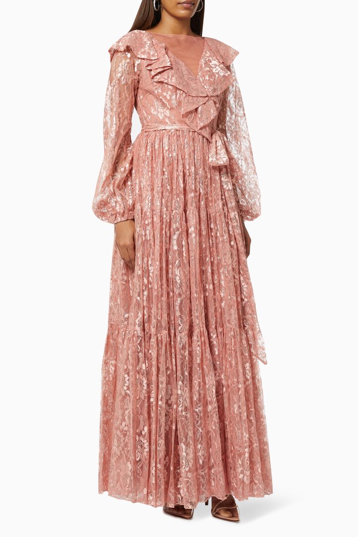

Ruffle Tiered Dress in Lace, Pink