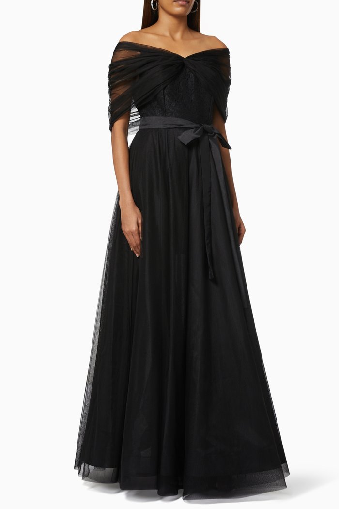 Ruched Gown in Tulle, Black