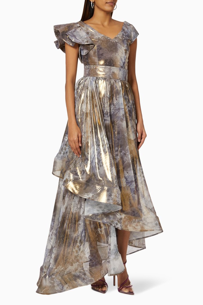 

Metallic Asymmetric Ruffle Dress, Grey