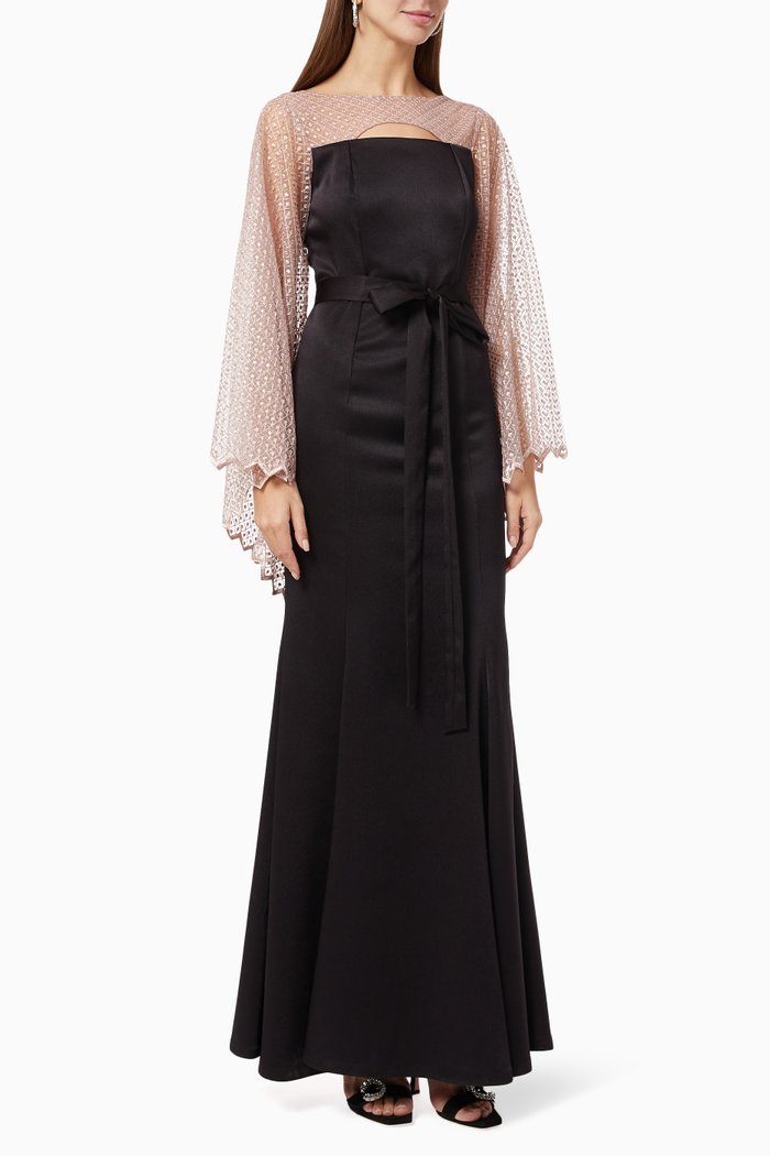 

Sequin Sleeve Dress in Satin, Black