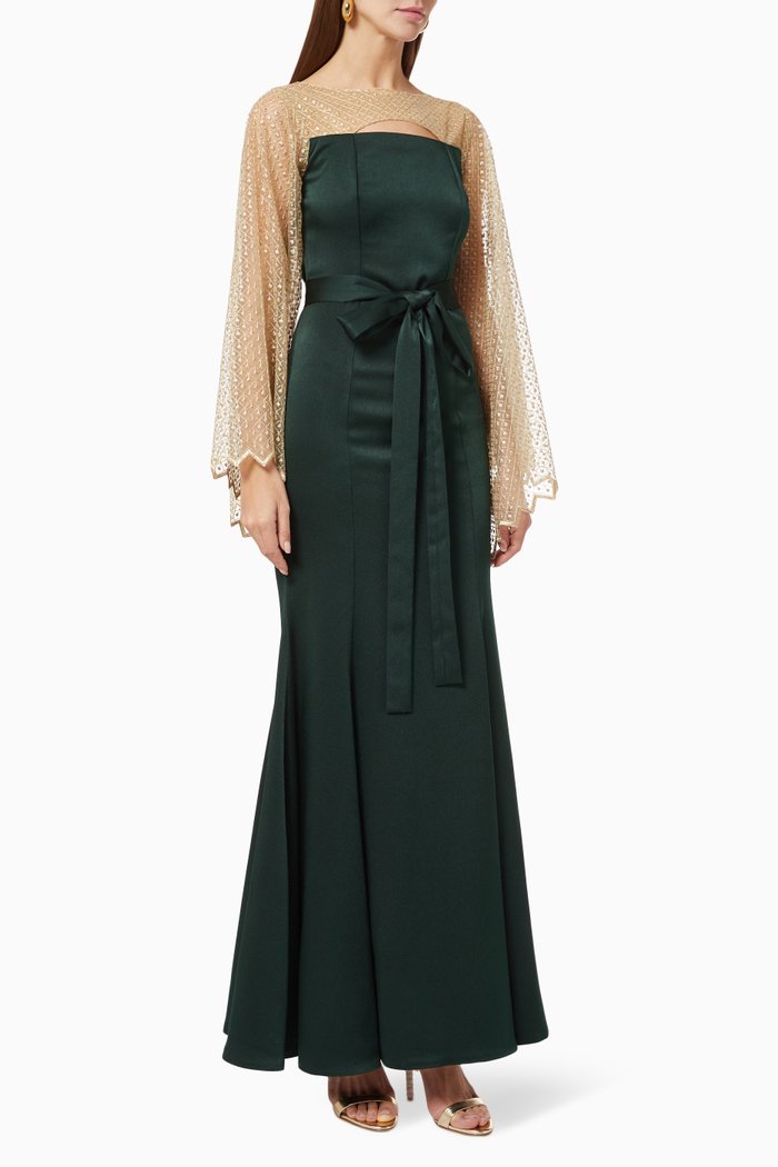 

Sequin Sleeve Dress in Satin, Green