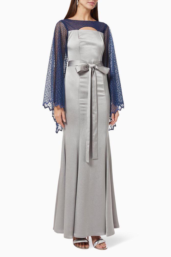 

Sequin Sleeve Dress in Satin, Grey