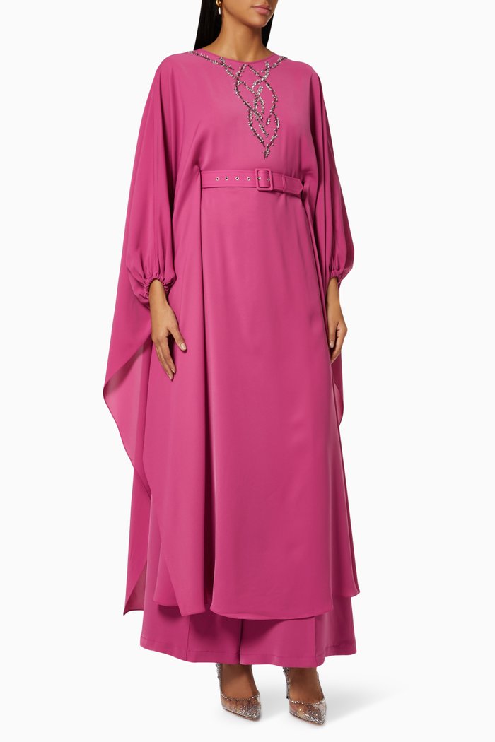 

Embellished Belted Kaftan in Crepe, Pink
