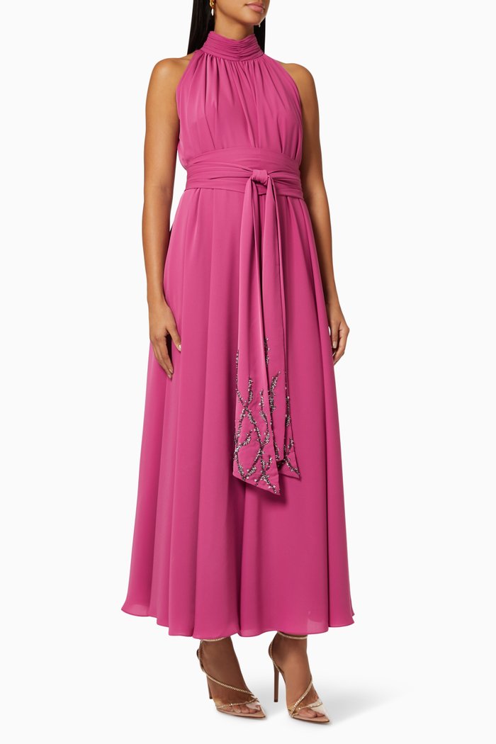 

Halterneck Belted Dress in Crepe, Pink