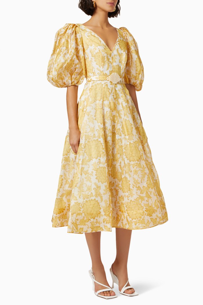 

Postcard Puff Sleeve Midi Dress in Linen, Yellow