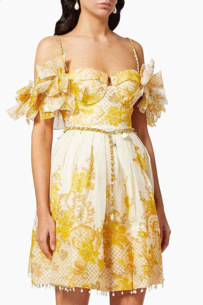 

Postcard Bow Bodice Mini Dress in Silk, Yellow