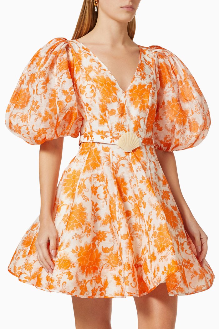 

Postcard Puff Sleeve Mini Dress in Linen, Orange