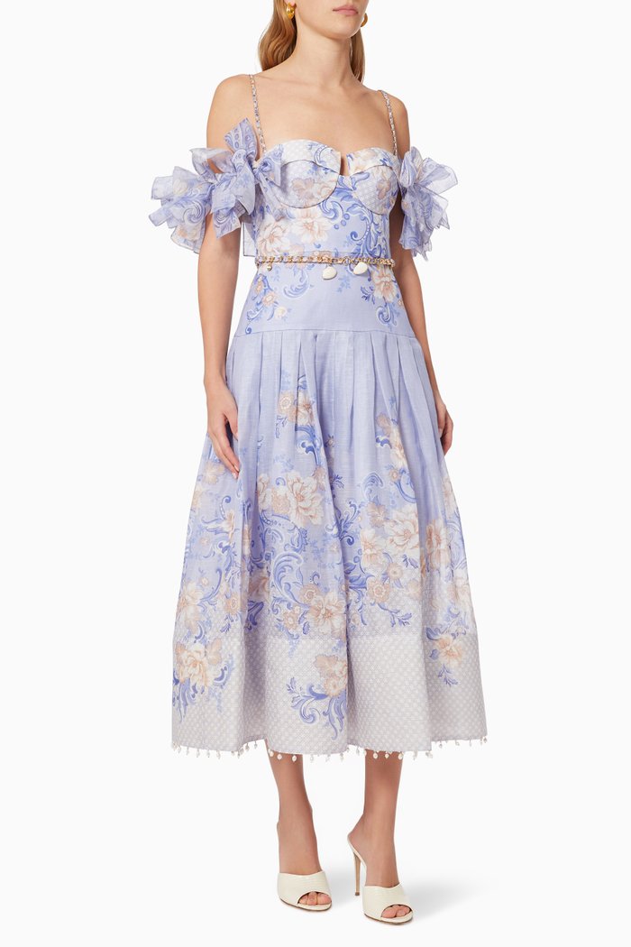 

Postcard Bow Bodice Dress in Silk, Blue