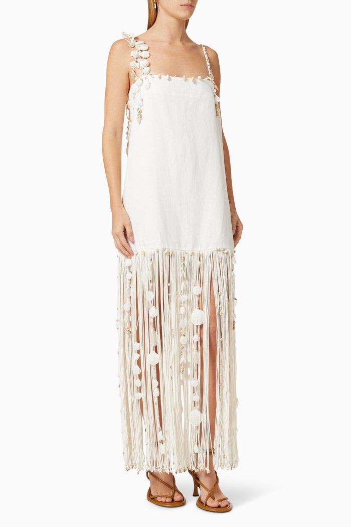 

Postcard Shell Fringe Dress in Linen, Neutral