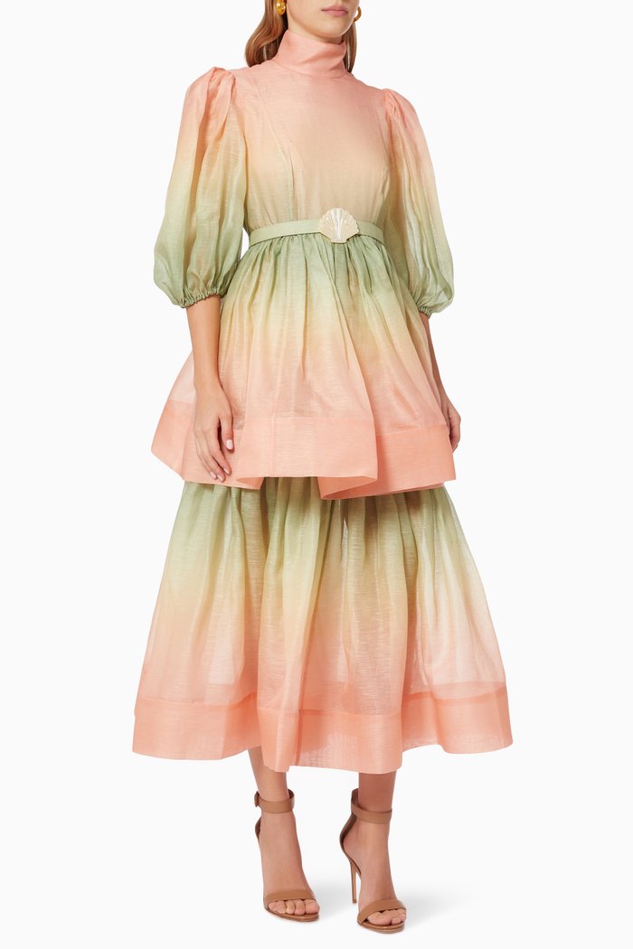 

Postcard Puff Sleeve Midi in Silk, Multicolour