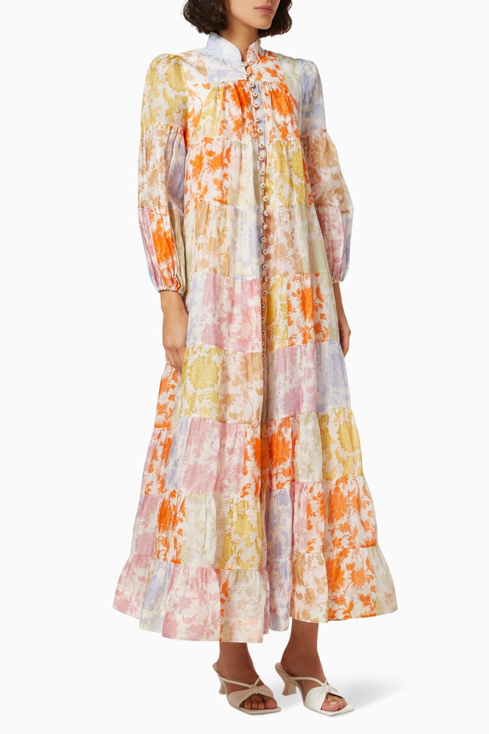 

Postcard Lantern Midi Dress in Linen, Multicolour