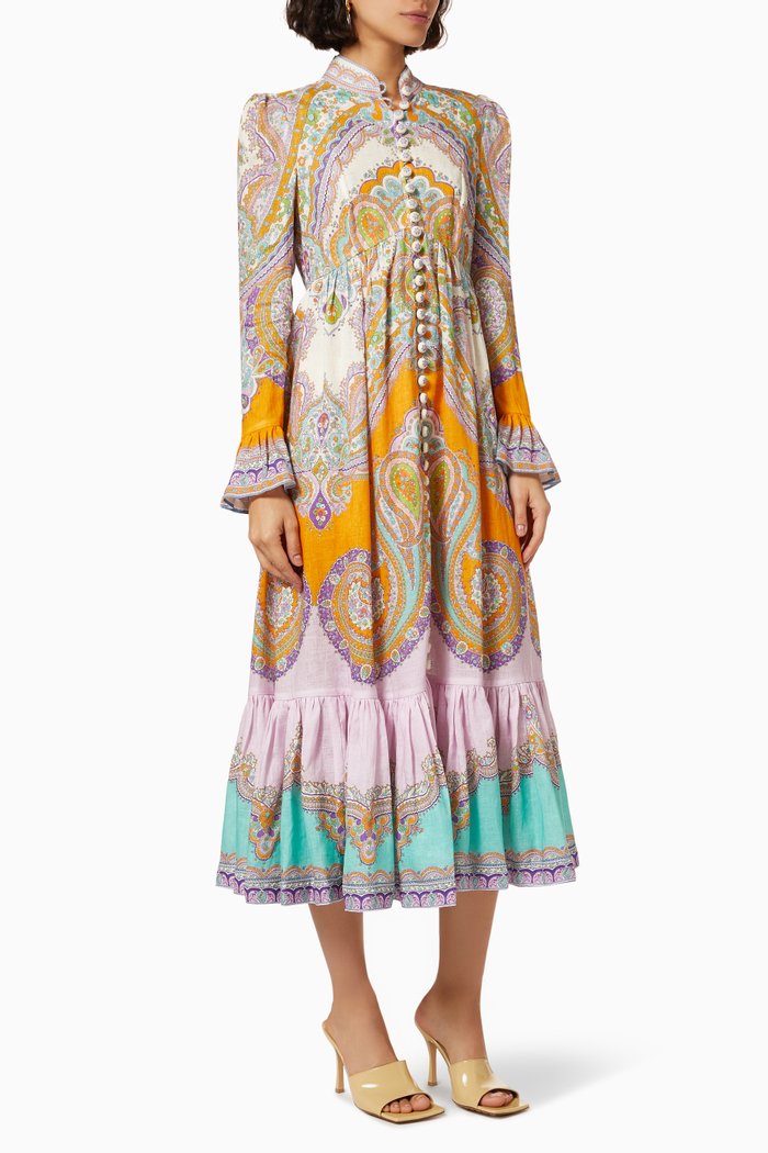 

Lola Paisley Midi Dress in Linen, Multicolour