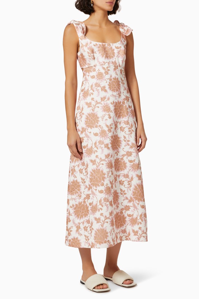 

Postcard Tie Shoulder Midi Dress in Linen, Neutral