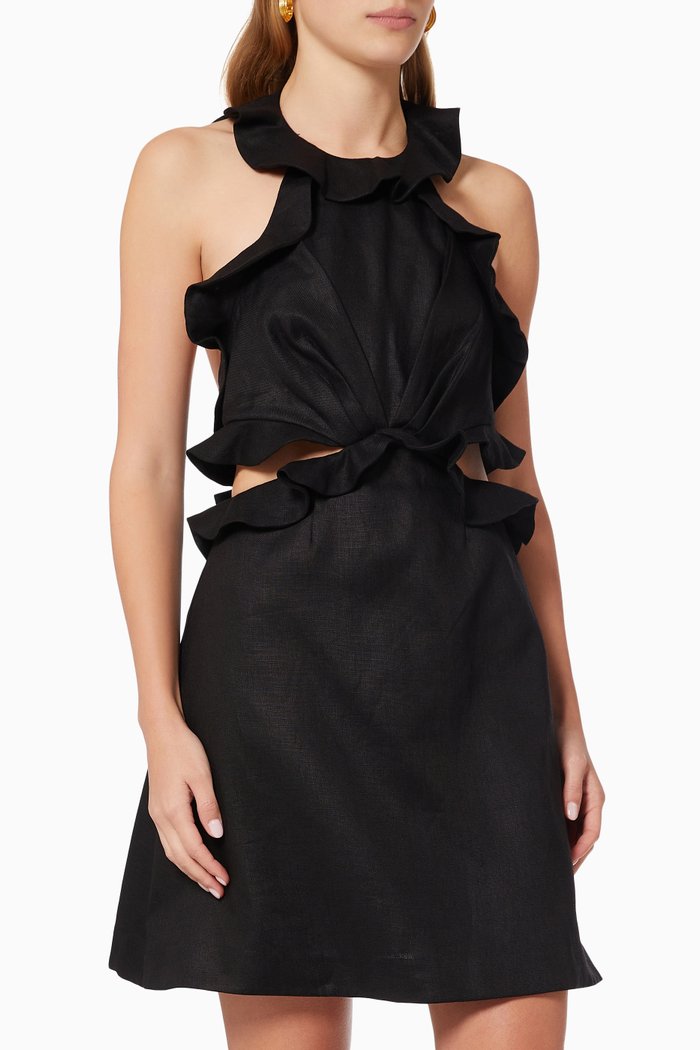 

Postcard Tie Back Mini Dress in Linen, Black