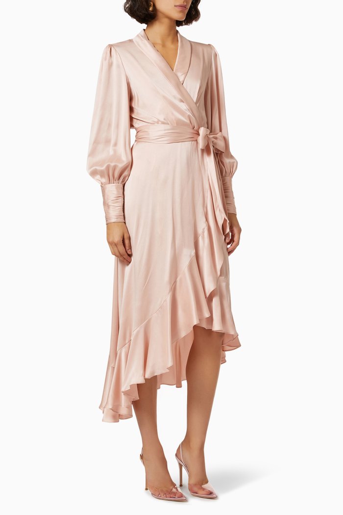

Silk Wrap Midi Dress in Silk, Neutral
