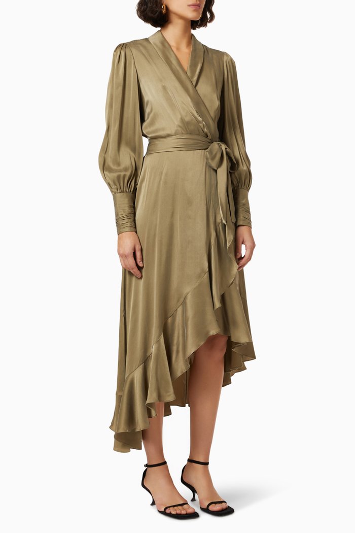 

Silk Wrap Midi Dress in Silk, Brown