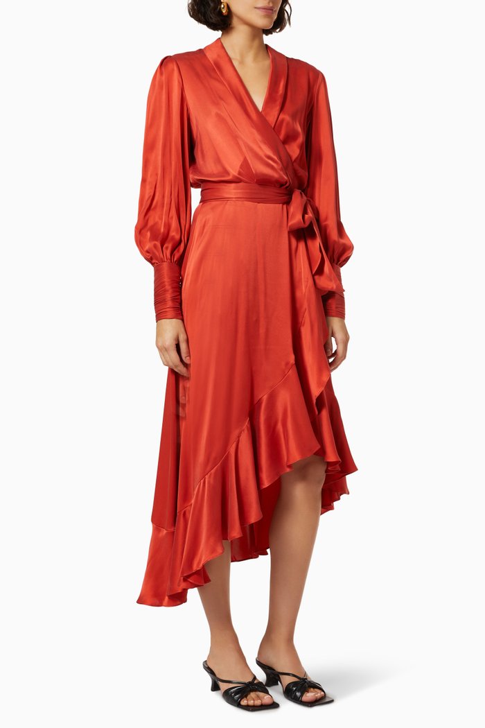 

Silk Wrap Midi Dress in Silk, Red
