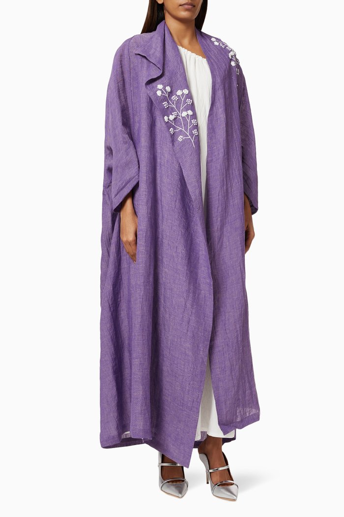 

Floral Embroidered Abaya in Linen, Purple