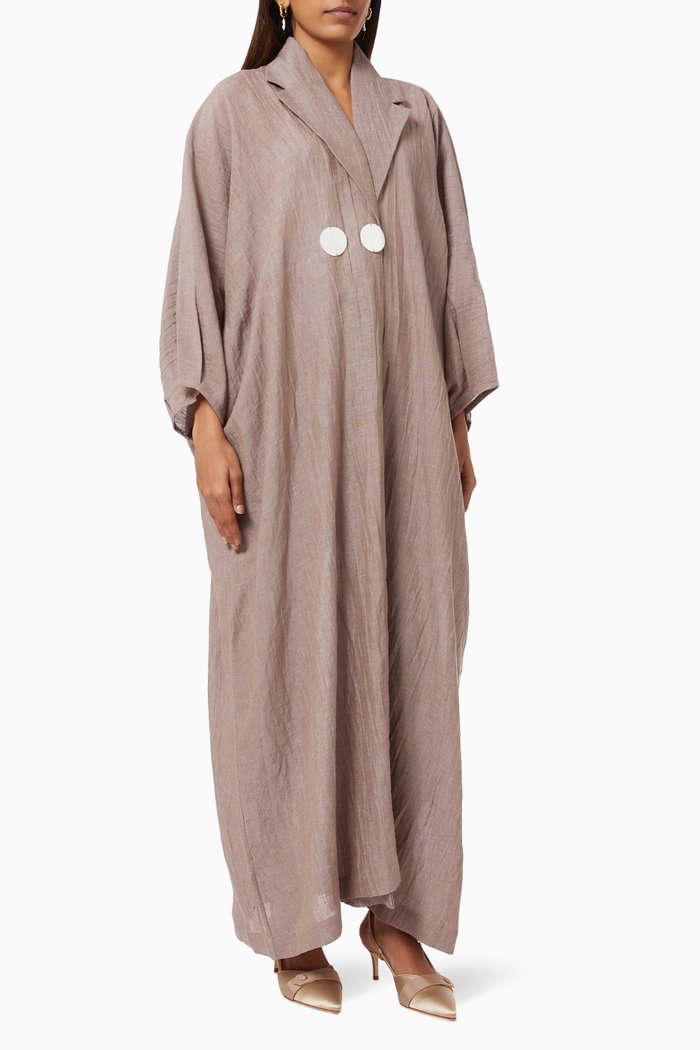 

French Button Abaya Set in Linen, Brown