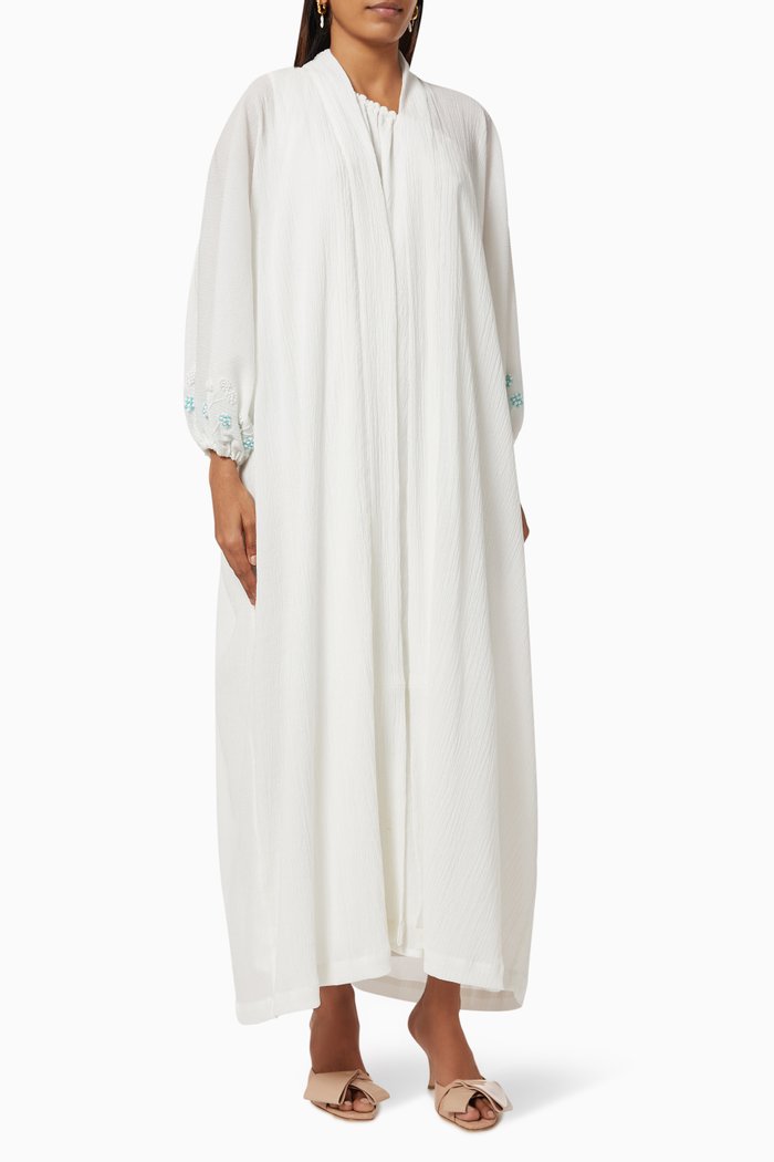 

Floral Embroidered Abaya in Crinkled Crepe, White