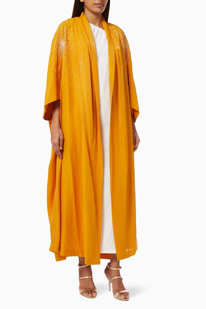 

Sun Embellished Abaya in Washed Silk, Orange