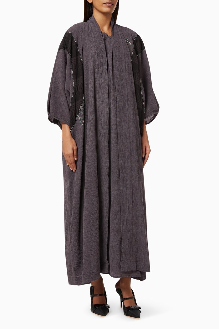 Floral Embellished Abaya in Crinkled Crepe, Grey