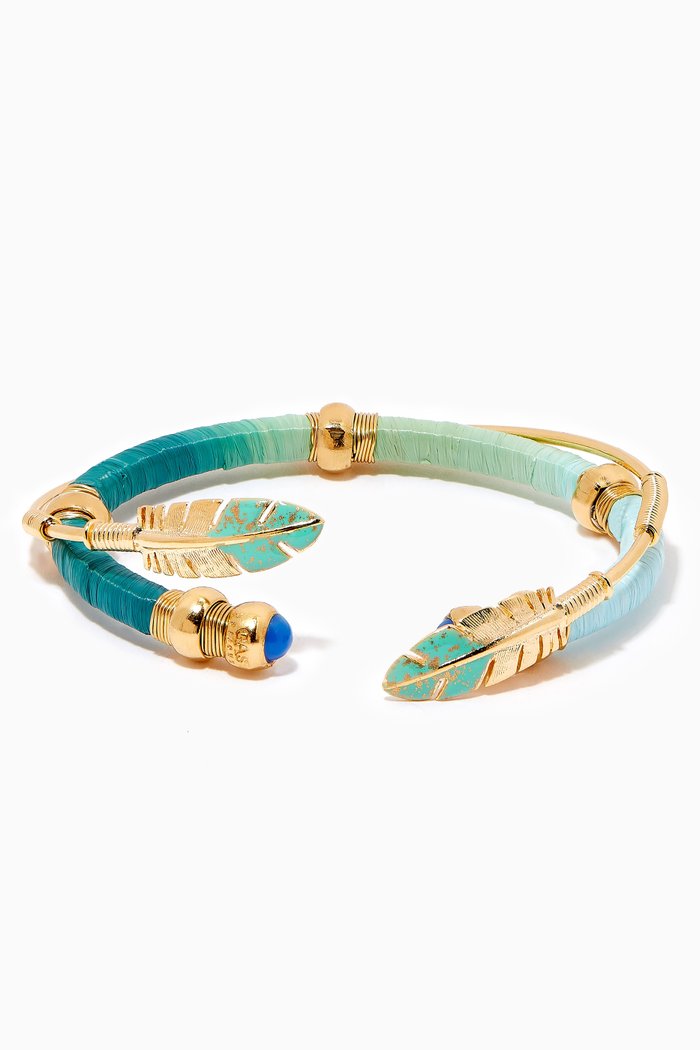 Stack Feather Bracelet in 24kt Gold Plating, Set of 2, Blue