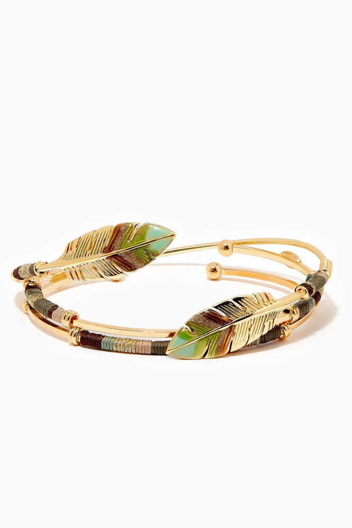 

Stack Feather Bracelet in 24kt Gold Plating, Set of 3, Green