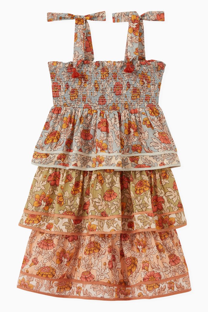 

Estelle Shirred Tiered Dress in Cotton, Orange