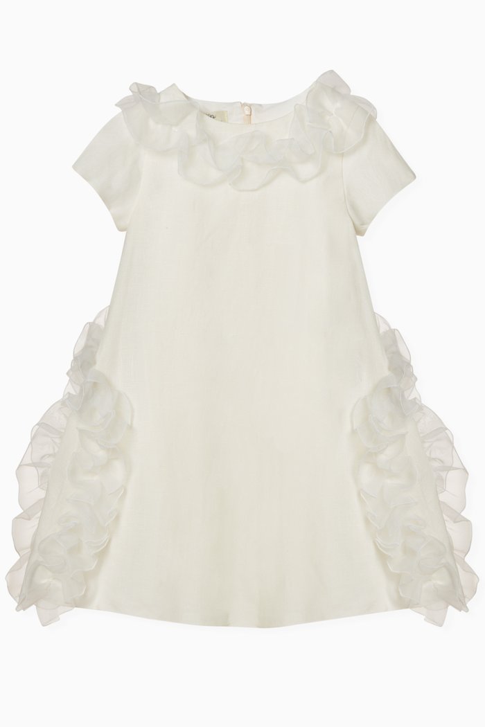 

Dress with Ruffled Trims in Linen, White