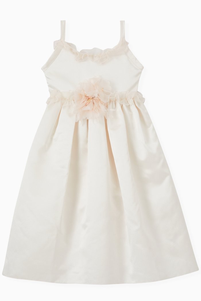 

Dress with Floral Ruffled Trims in Satin, Pink