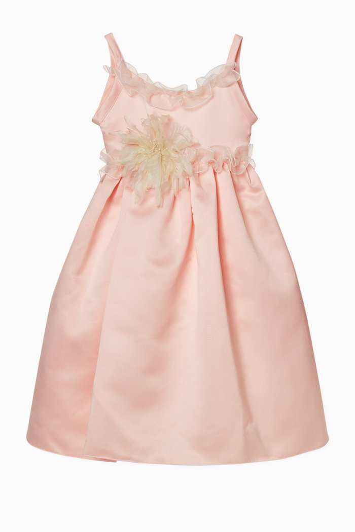 

Dress with Floral Ruffled Trims in Satin, Pink