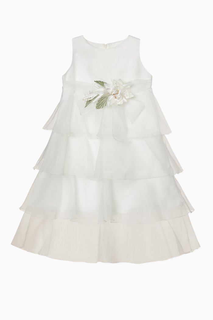

Dress with Floral Ruffled Tulle Trims in Satin, White