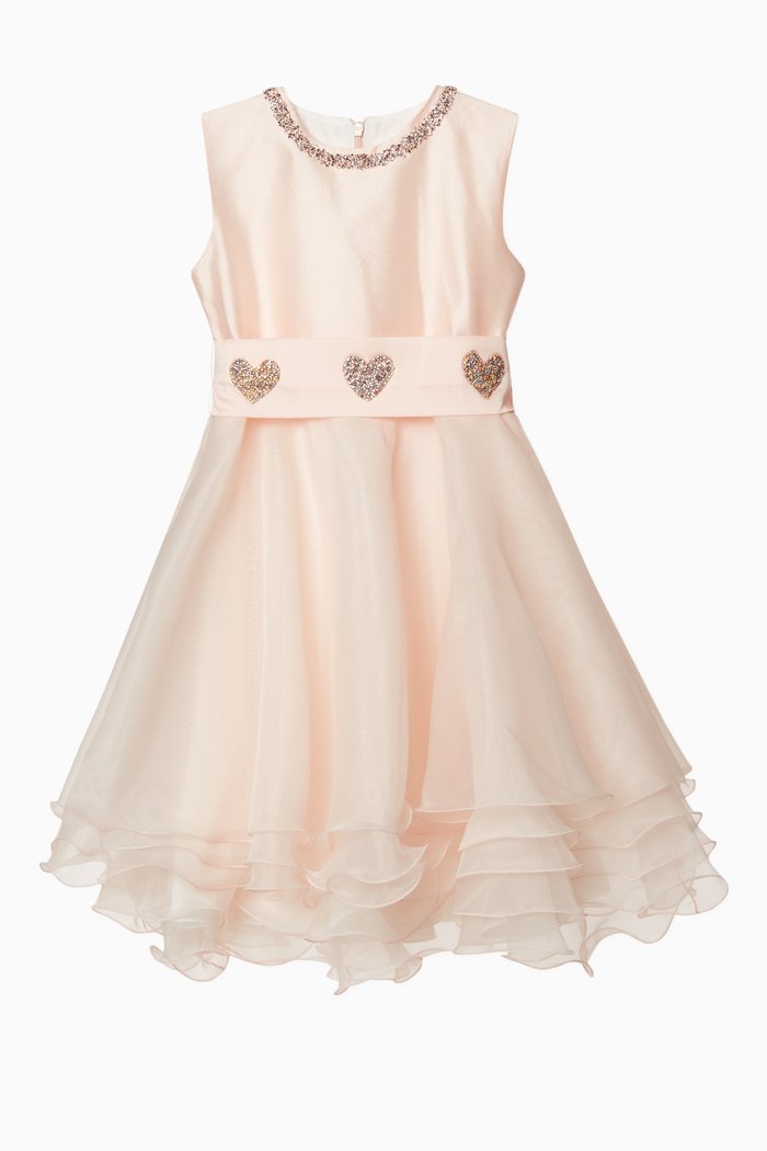 Embelished Heart Appliqué Ruffle Dress, Pink